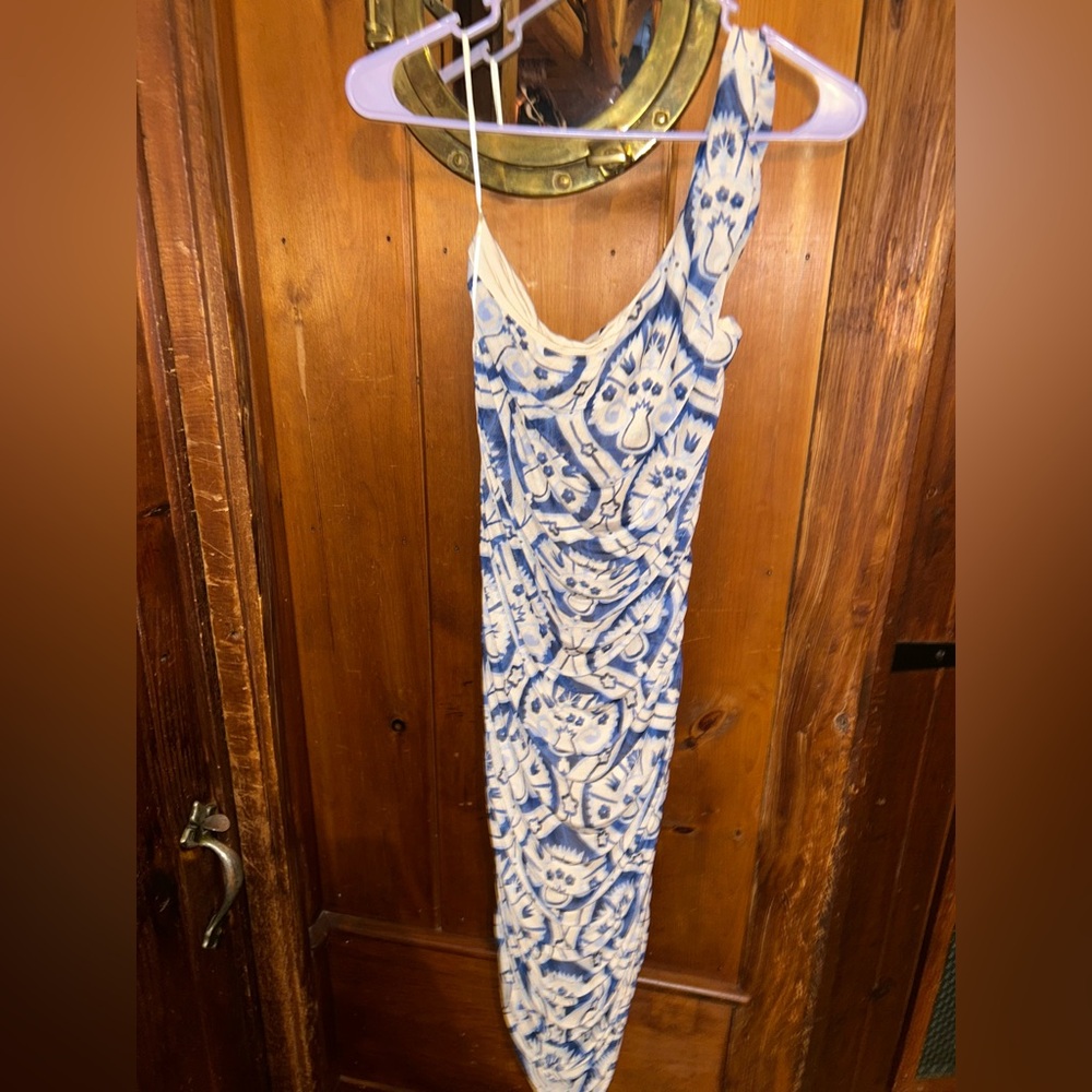 Floral Cream & Blue One Shoulder Super Stretch Bodycon Dress - Picture 3 of 8